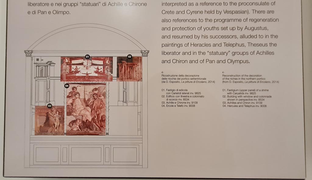 Herculaneum Augusteum. April 2023.
Descriptive card with detail of a reconstruction of the niches in the northern portico. Photo courtesy of Giuseppe Ciaramella.
See D. Esposito. La pittura di Ercolano, 2014.
