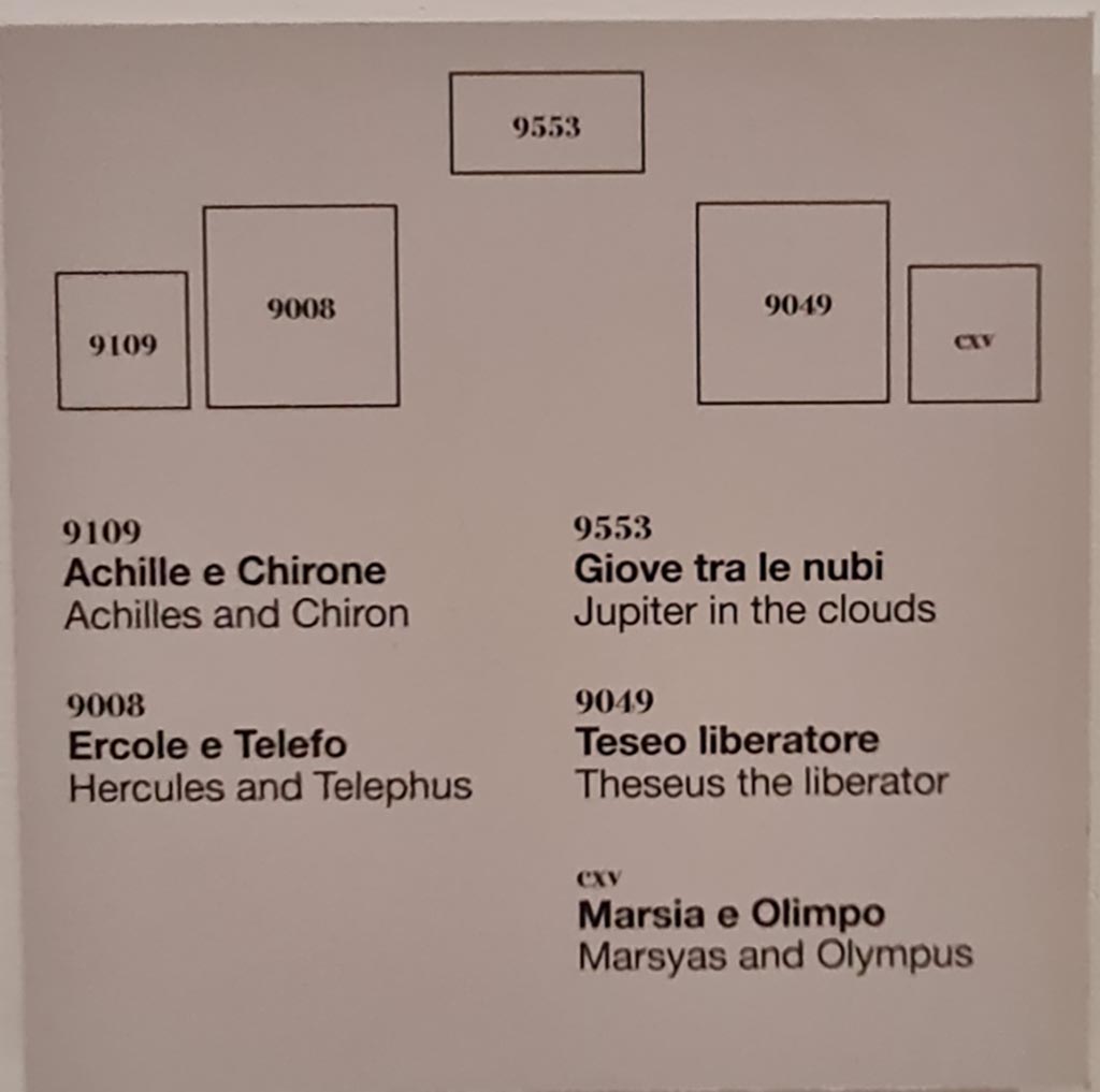 Herculaneum Augusteum. April 2023. Descriptive card from rear wall. Photo courtesy of Giuseppe Ciaramella.
(see Part 3 below, for any paintings listed on description cards but not shown here).