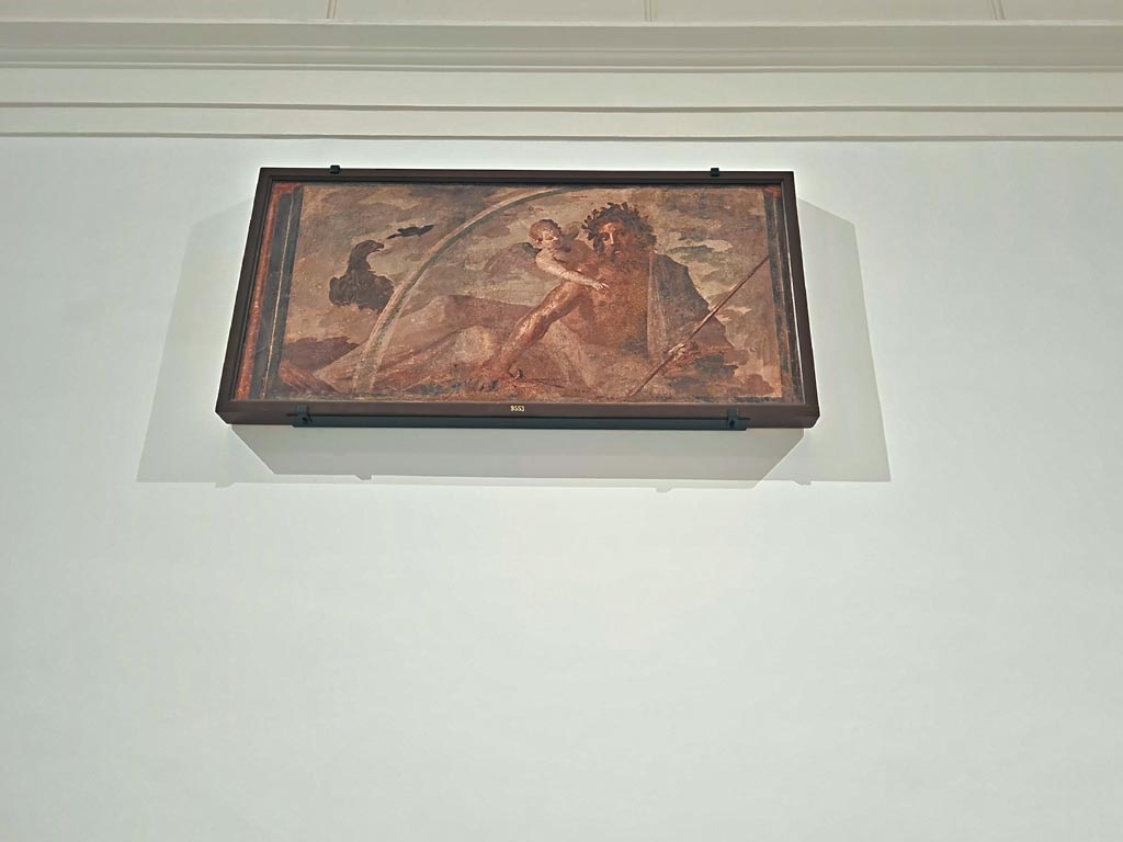 Herculaneum Augusteum. April 2023. Upper wall – Jupiter in the clouds, inv. 9553.
On display in “Campania Romana” gallery in Naples Archaeological Museum. Photo courtesy of Giuseppe Ciaramella.