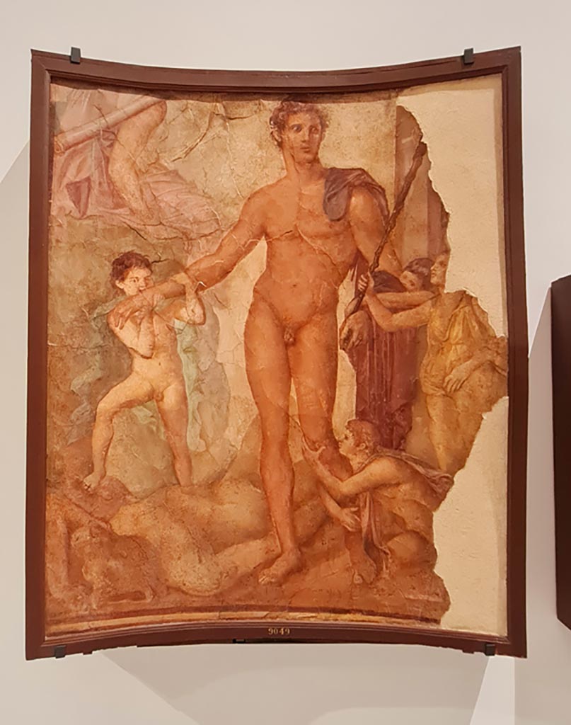 Herculaneum Augusteum. April 2023. Painting of Theseus the liberator, inv. 9049.
On display in “Campania Romana” gallery in Naples Archaeological Museum. Photo courtesy of Giuseppe Ciaramella.