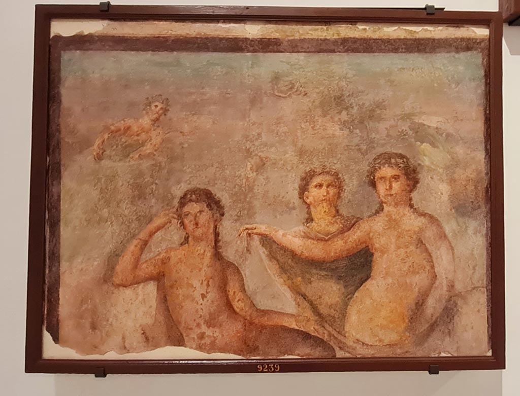 Herculaneum Augusteum. April 2023. Painting from lower row, on side wall, showing Apollo, Diana and Callistus, inv. 9239.
On display in “Campania Romana” gallery in Naples Archaeological Museum. Photo courtesy of Giuseppe Ciaramella.