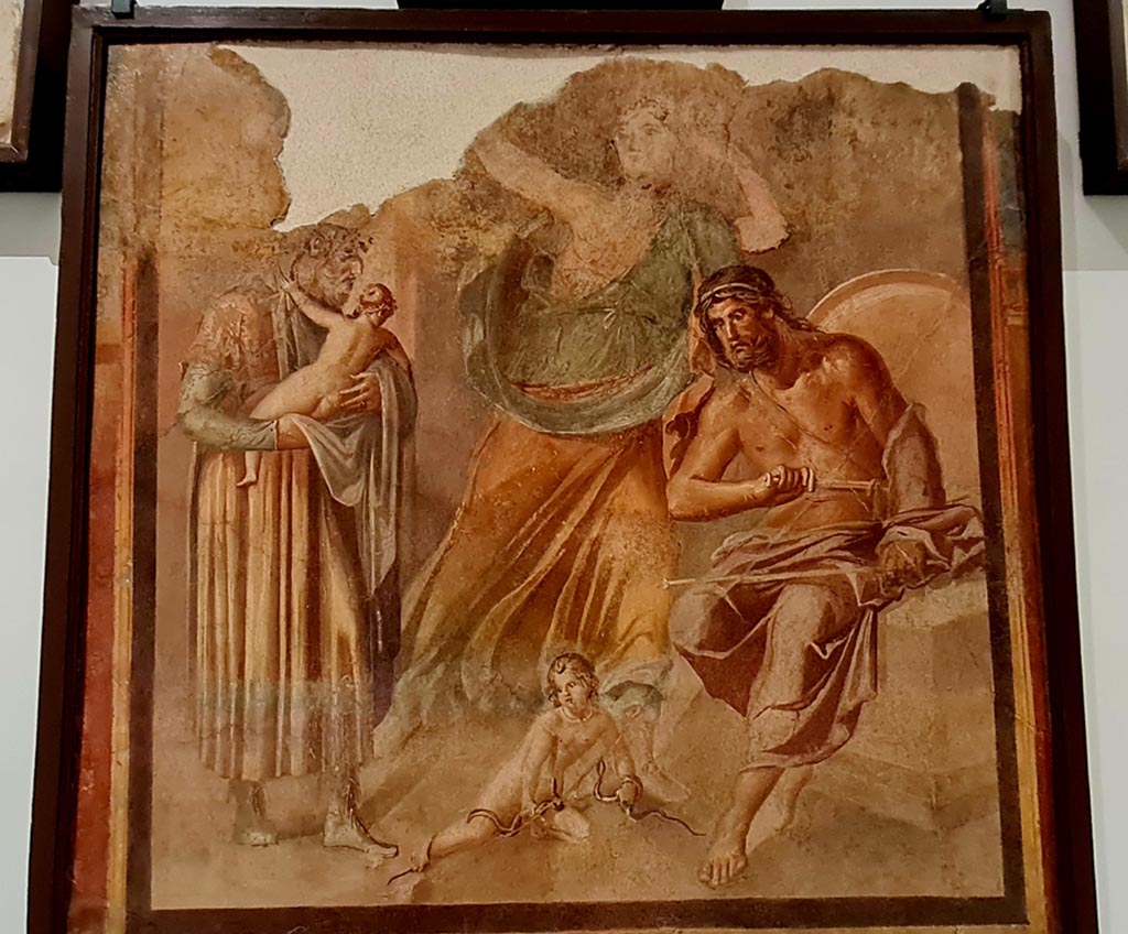Herculaneum Augusteum. April 2023.
Painting from lower row, on side wall, showing The infant Hercules strangling the serpents, inv.9012.
On display in “Campania Romana” gallery in Naples Archaeological Museum. Photo courtesy of Giuseppe Ciaramella.