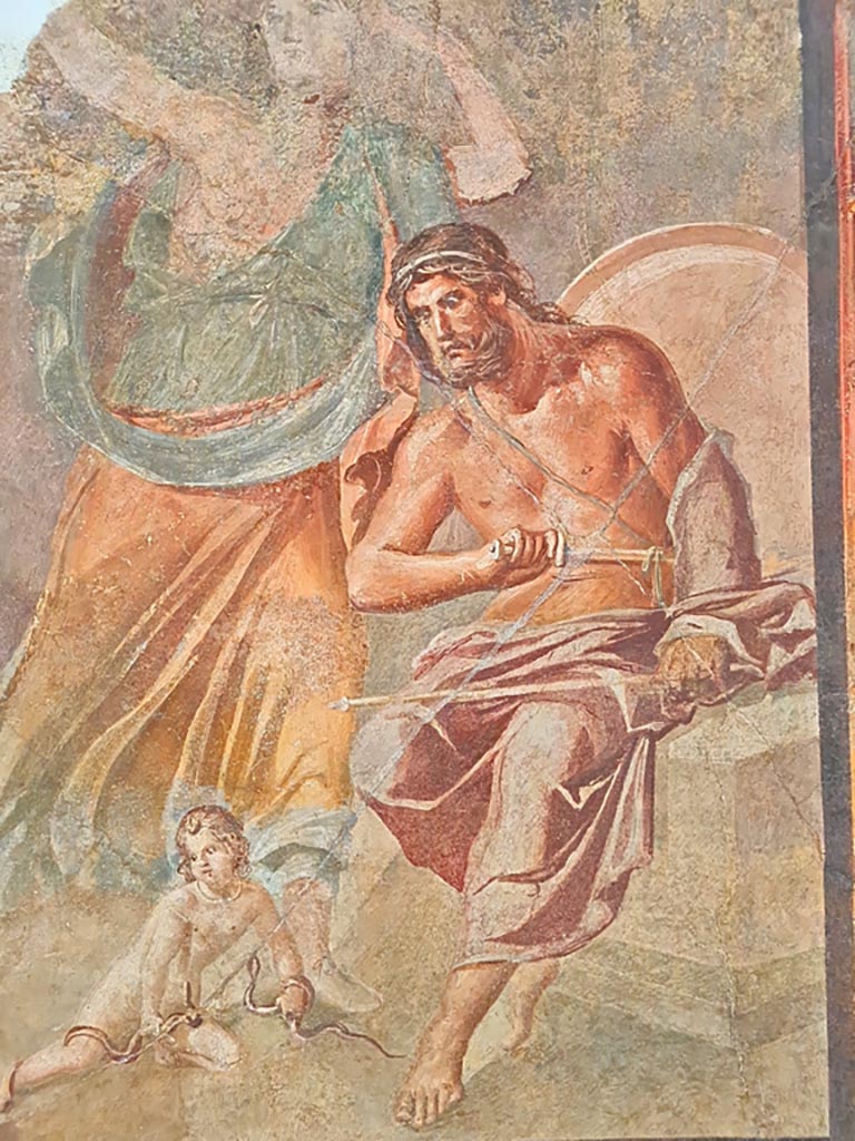 Herculaneum Augusteum. April 2023. Detail from painting showing The infant Hercules strangling the serpents, inv.9012.
On display in “Campania Romana” gallery in Naples Archaeological Museum. Photo courtesy of Giuseppe Ciaramella.