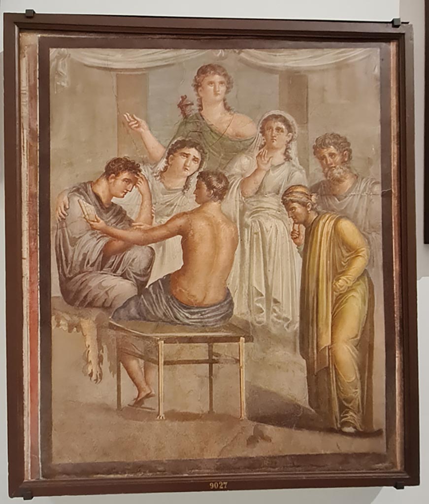 Herculaneum Augusteum. April 2023. Painting from lower row, on side wall, showing Admetus and Alcestis, inv. 9027.
On display in “Campania Romana” gallery in Naples Archaeological Museum. Photo courtesy of Giuseppe Ciaramella.