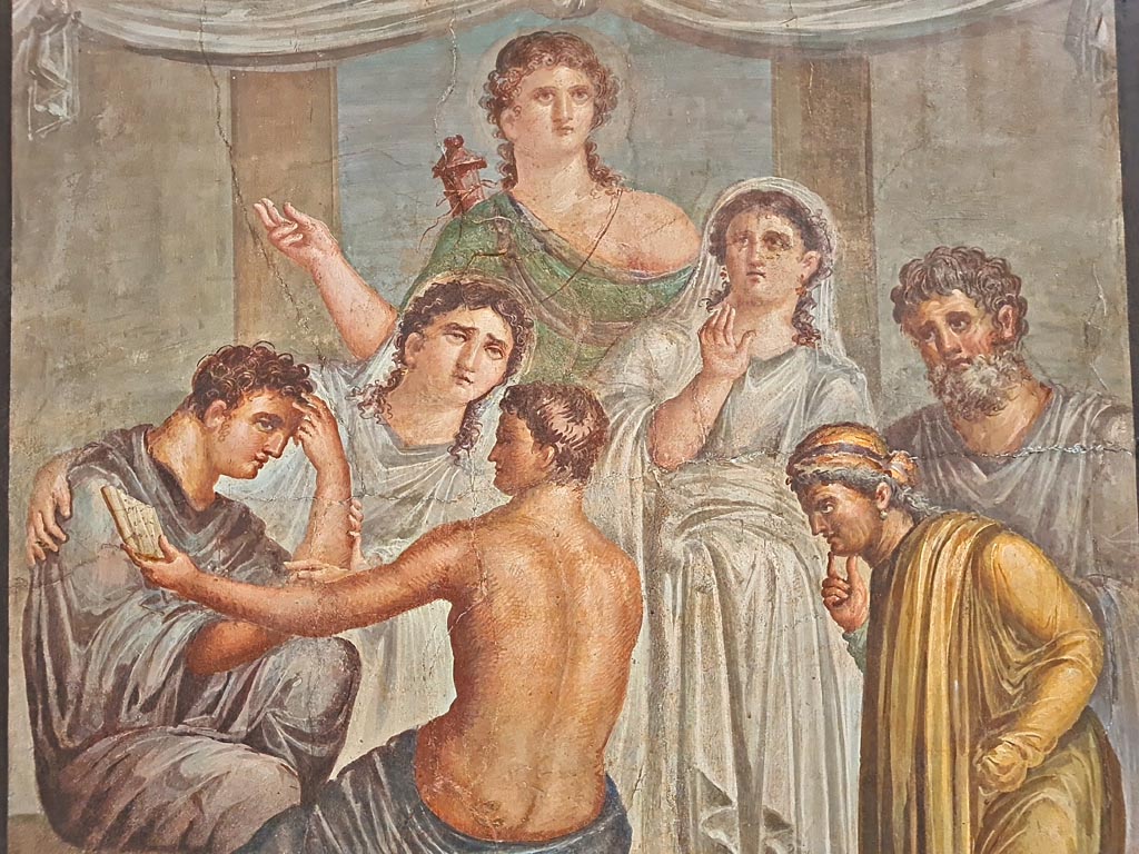Herculaneum Augusteum. April 2023. Detail from painting showing Admetus and Alcestis, inv. 9027.
On display in “Campania Romana” gallery in Naples Archaeological Museum. Photo courtesy of Giuseppe Ciaramella.
