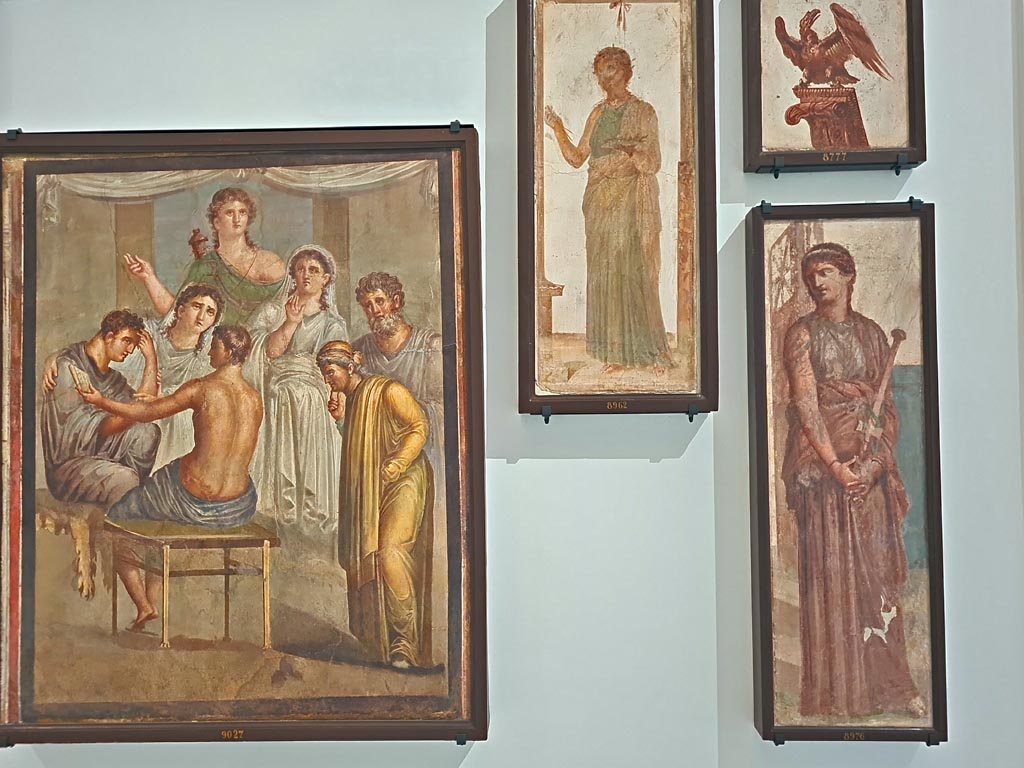 Herculaneum Augusteum. April 2023. Painting from lower row, on left, showing Admetus and Alcestis, inv. 9027.
Painting from lower row, on right, showing Medea, inv. 8976.
Upper centre is a painting of an Offeror with a tray and flowers, inv. 8962.
Upper right is a painting of an eagle, inv. 8777.
On display in “Campania Romana” gallery in Naples Archaeological Museum. Photo courtesy of Giuseppe Ciaramella.