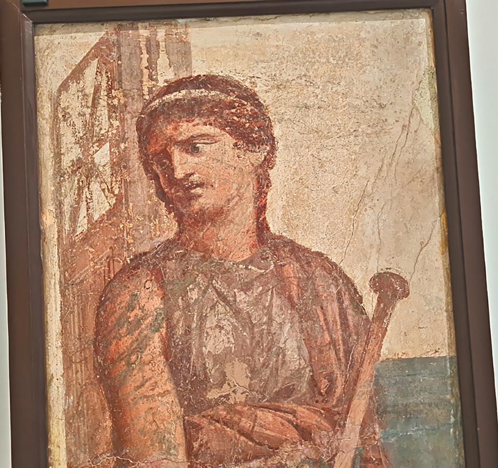 Herculaneum Augusteum. April 2023. Detail from painting of Medea, inv. 8976.
On display in “Campania Romana” gallery in Naples Archaeological Museum. Photo courtesy of Giuseppe Ciaramella.