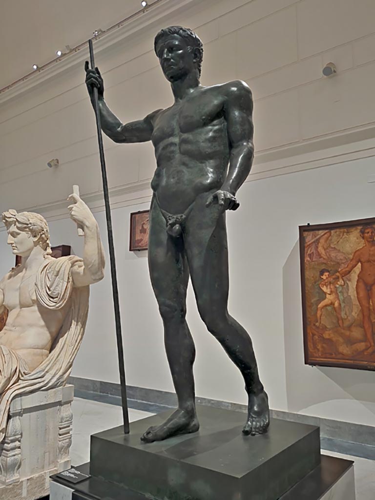 Herculaneum Augusteum. April 2023.
Detail of bronze statue of Claudius, inv. 5593. Photo courtesy of Giuseppe Ciaramella.