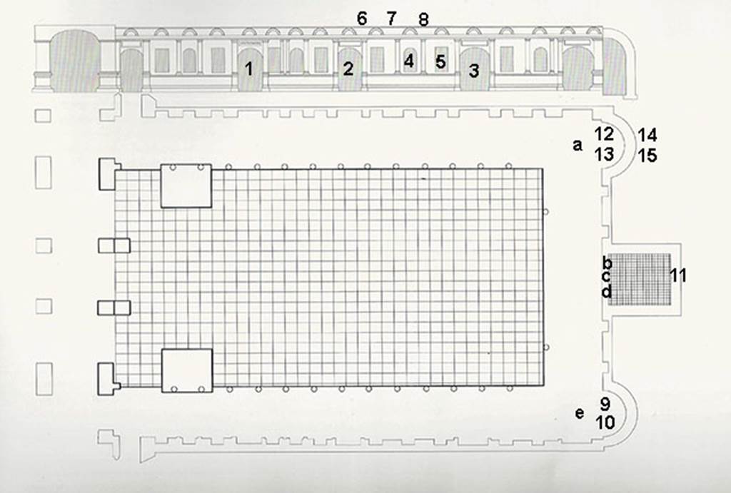 Herculaneum Augusteum. Plan showing location of some statues and frescoes.
1: Medea contemplating the death of her children (MANN 8976)
2: Alcestis and Admetus (MANN 9027)
3: Hercules strangling the snakes (MANN 9012)
4: Male Genius in flight holding a cornucopia (MANN 8828)
5: Reclining female figure with rhyton (MANN 9290)
Also somewhere in the niches in long wall of portico were these figures of matching style:
Reclining female figure (Louvre P13)
Reclining Leda with swan (Louvre P18)
6: Hercules fighting with the Nemean lion (MANN 9011)
7: Abduction of Hylas by nymphs (MANN 8864)
8: Hercules and the Erymanthian boar (MANN 9006)
9: The liberation of the Athenian children at the hands of Theseus (MANN 9049)
10: The musical education of Olympus by Marsyas (MANN 9151)
11: Jupiter among the clouds (MANN 9553)
12: The musical education of Achilles by Chiron (MANN 9109).
13: The recognising of Telephus by Hercules (MANN 9008).
14: Architectural scene with caryatids and eagle (MANN 9825)
15: Architectural scene (MANN 8534)
a: In front of these was a bronze statue of Claudius in heroic nude (MANN 5593)
b: Statue of a seated Augustus shown as Jove seated on his throne (MANN 6040)
c: The standing breast-plated Titus (MANN 6059)
d: Statue of a seated Claudius (MANN 6056)
e: Bronze statue of Augustus in heroic nude, (MANN 5595).
Many other statues and frescoes were also found in the building.
See Guidobaldi, M.P. and Esposito D., 2013. Herculaneum: Art of a Buried City. New York: Abbeville Press, p. 341.
See Esposito D., 2014. La Pittura di Ercolano. Roma: L’Erma di Bretschneider, Tav 15.