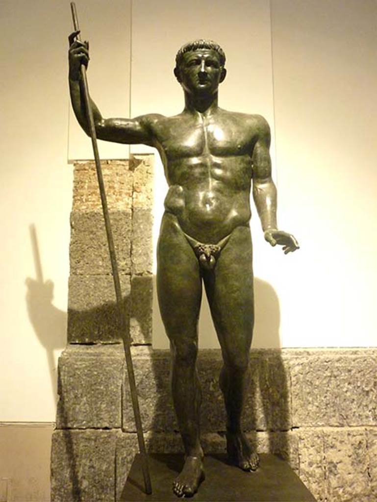 Herculaneum Augusteum. Found 20.12.1741 in front of right apse. Bronze statue of Claudius as a heroic nude.
Now in Naples Archaeological Museum. Inventory number 5593.