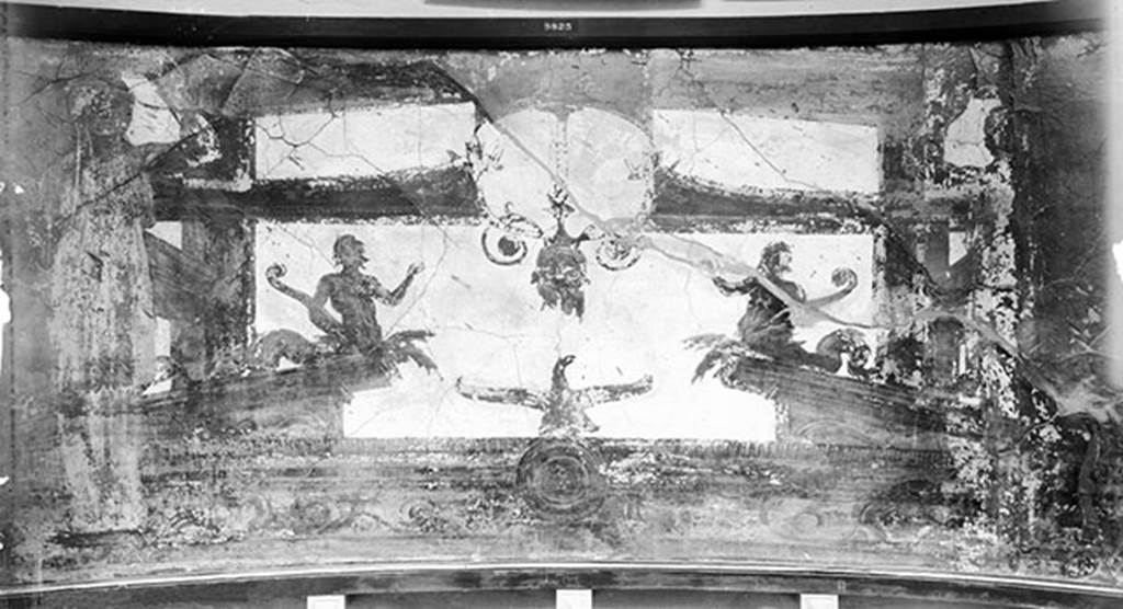 Herculaneum Augusteum. 1895 photo. Apse at right rear corner. Architectural scene with standing figures, sea creatures, mask and eagle?
Now in Naples Archaeological Museum. Inventory number 9825.