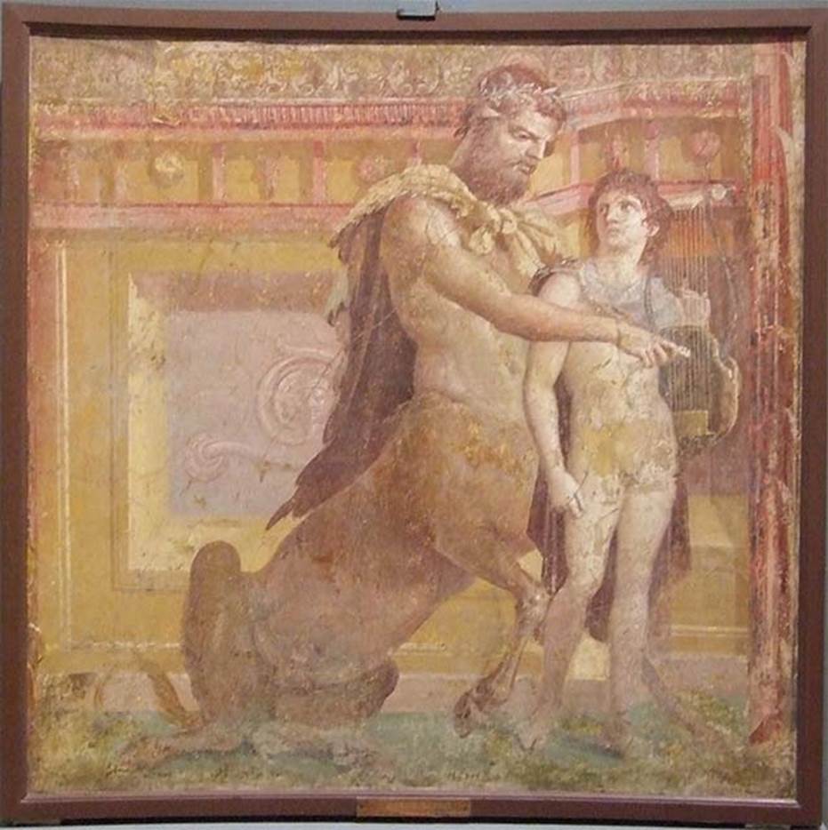 Herculaneum Augusteum. Found 28th November 1739. Painting of Achilles and Chiron.
Now in Naples Archaeological Museum. Inventory number 9109.
See Le Antichita di Ercolano esposte Tomo 1, Le Pitture Antiche di Ercolano 1, 1757, Tav 8, 39
See Pagano, M. and Prisciandaro, R., 2006. Studio sulle provenienze degli oggetti rinvenuti negli scavi borbonici del regno di Napoli. Naples: Nicola Longobardi, p. 184.