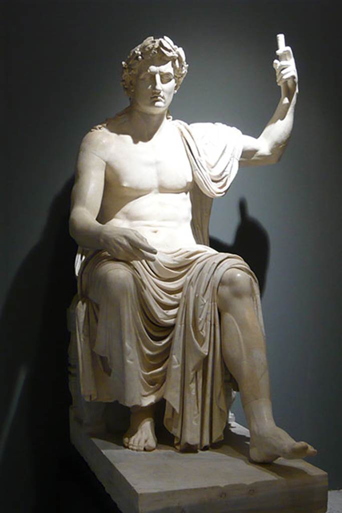 Herculaneum Augusteum. Square exedra. Statue of a seated Augustus shown as Jove seated on his throne.
Now in Naples Archaeological Museum. Inventory number 6040.
Photo courtesy of Buzz Ferebee.