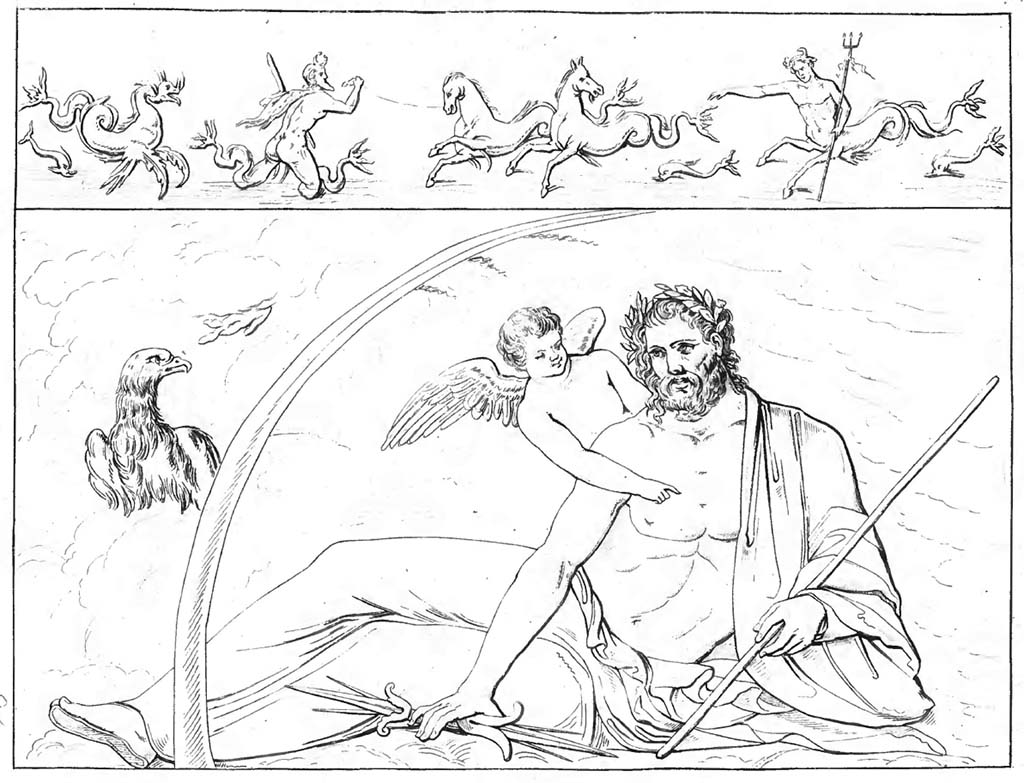 Herculaneum Augusteum. Pre-1843 drawing by Abbate of Jupiter among the clouds.
Now in Naples Archaeological Museum. Inventory number 9553.
See Raccolta de più interessante Dipinture e di più belle Musaici rinvenuti negli Scavi di Ercolano, di Pompei, e di Stabia. 1843. Napoli, p. 145/260,.
