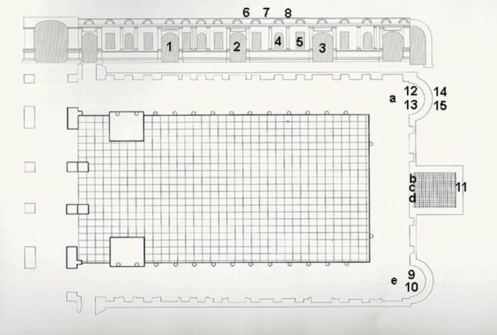 Herculaneum Augusteum. Plan showing location of some statues and frescoes in the north-east apse, bottom right corner in this plan.
9: The liberation of the Athenian children at the hands of Theseus (MANN 9049)
10: The musical education of Olympus by Marsyas (MANN 9151)
e: Bronze statue of Augustus in heroic nude (MANN 5595).
See Guidobaldi, M.P. and Esposito D., 2013. Herculaneum: Art of a Buried City. New York: Abbeville Press, p. 341.
See Esposito D., 2014. La Pittura di Ercolano. Roma: L’Erma di Bretschneider, Tav 15.