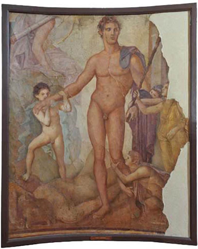 Herculaneum Augusteum. The liberation of the Athenian children at the hands of Theseus.
Now in Naples Archaeological Museum. Inventory number 9049.
According to Pagano and Prisciandaro, it was found in September 1739 with many others, in a large semi-circular room that was believed to be a Temple, and in the middle was a painting perfectly recognizable. Augusteum (or Basilica) Nap 9049.
See Pagano, M. and Prisciandaro, R., 2006. Studio sulle provenienze degli oggetti rinvenuti negli scavi borbonici del regno di Napoli. Naples: Nicola Longobardi. (P.182)
See Le Antichità di Ercolano esposte Tomo 1, Le Pitture Antiche di Ercolano 1, 1757, Tav 5, found in 1739, Resina.