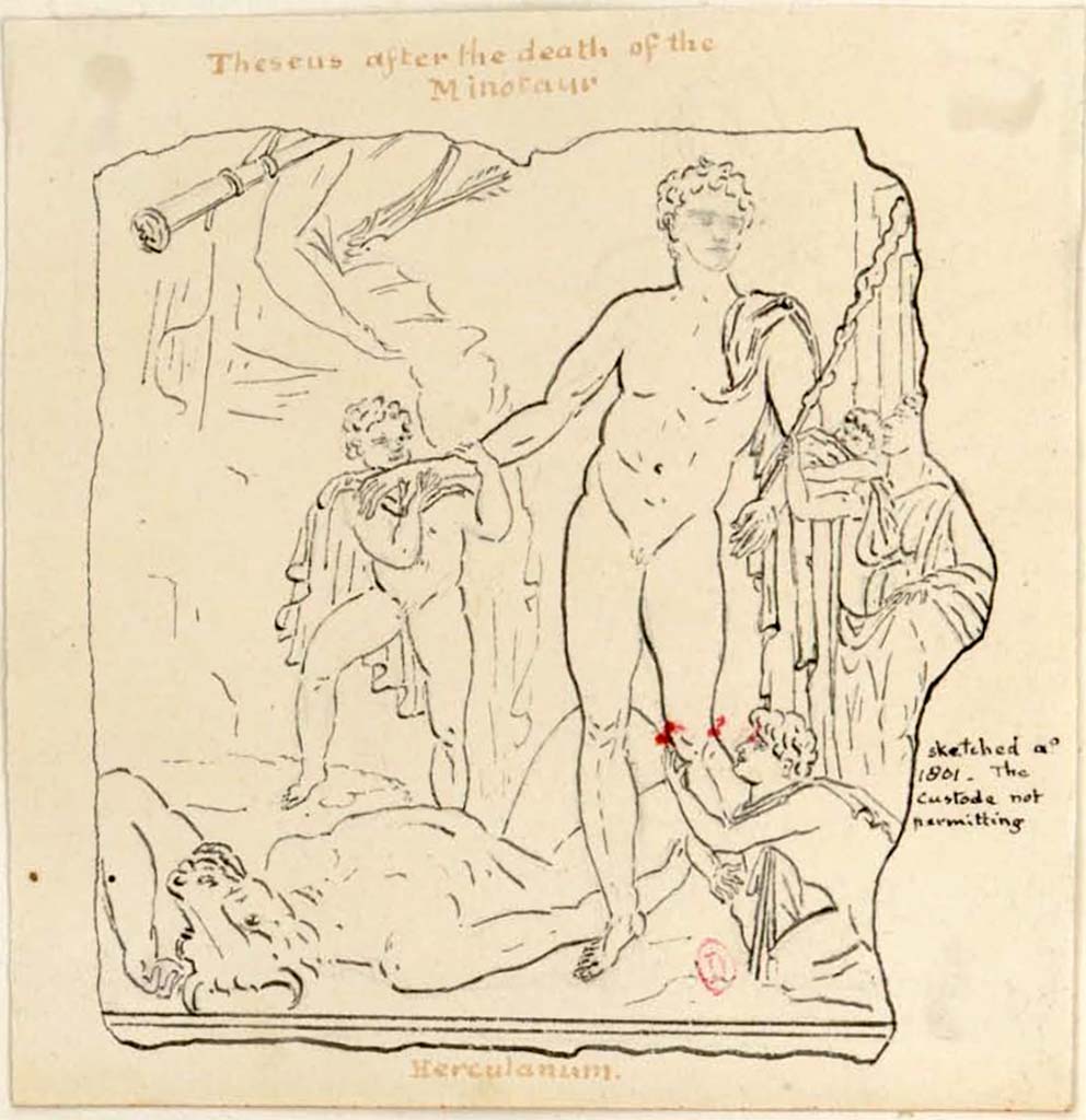 Herculaneum Augusteum. 1801 copy by Gell of the liberation of the Athenian children at the hands of Theseus.
Gell has added the note "Sketched anno 1801. The custode not permitting".
See Gell, W. Pompeii unpublished [Dessins de l'édition de 1832 donnant le résultat des fouilles post 1819 (?)] vol II, pl. 4..
Bibliothèque de l'Institut National d'Histoire de l'Art, collections Jacques Doucet, Identifiant numérique Num MS180 (2).
See book in INHA Use Etalab Licence Ouverte
