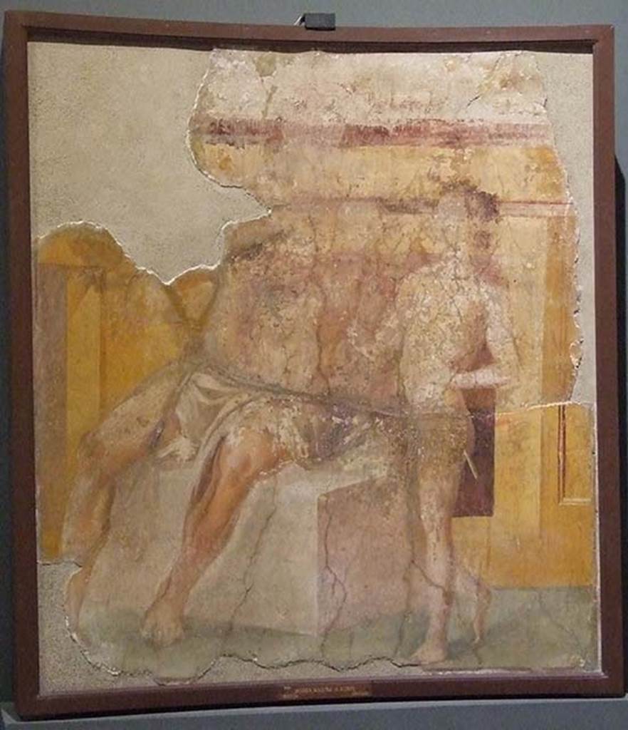 Herculaneum Augusteum. The musical education of Olympus by Marsyas.
Now in Naples Archaeological Museum. Inventory number 9151.
According to Pagano and Prisciandaro, this was found in September 1739 with many others, in a large semi-circular room that was believed to be a Temple, provenanced from the so-called basilica (Augusteum), the picture of Marsyas and Olympus.
See Pagano, M. and Prisciandaro, R., 2006. Studio sulle provenienze degli oggetti rinvenuti negli scavi borbonici del regno di Napoli. Naples: Nicola Longobardi. (P.182)
See Le Antichità di Ercolano esposte Tomo 1, Le Pitture Antiche di Ercolano 1, 1757, Tav IX.