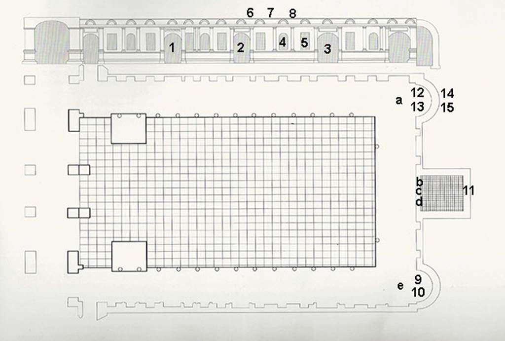 Herculaneum Augusteum. Plan showing location of some statues and frescoes.
1: Medea contemplating the death of her children (MANN 8976)
2: Alcestis and Admetus (MANN 9027)
3: Hercules strangling the snakes (MANN 9012)
4: Male Genius in flight holding a cornucopia (MANN 8828)
5: Reclining female figure with rhyton (MANN 9290)
Also somewhere in the niches in long wall of portico were these figures of matching style:
Reclining female figure (Louvre P13)
Reclining Leda with swan (Louvre P18)
6: Hercules fighting with the Nemean lion (MANN 9011)
7: Abduction of Hylas by nymphs (MANN 8864)
8: Hercules and the Erymanthian boar (MANN 9006)
9: The liberation of the Athenian children at the hands of Theseus (MANN 9049)
10: The musical education of Olympus by Marsyas (MANN 9151)
11: Jupiter among the clouds (MANN 9553)
12: The musical education of Achilles by Chiron (MANN 9109).
13: The recognising of Telephus by Hercules (MANN 9008).
14: Architectural scene with caryatids and eagle (MANN 9825)
15: Architectural scene (MANN 8534)
a: In front of these was a bronze statue of Claudius in heroic nude (MANN 5593)
b: Statue of a seated Augustus shown as Jove seated on his throne (MANN 6040)
c: The standing breast-plated Titus (MANN 6059)
d: Statue of a seated Claudius (MANN 6056)
e: Bronze statue of Augustus in heroic nude, (MANN 5595).
Many other statues and frescoes were also found in the building.
See Guidobaldi, M.P. and Esposito D., 2013. Herculaneum: Art of a Buried City. New York: Abbeville Press, p. 341.
See Esposito D., 2014. La Pittura di Ercolano. Roma: L’Erma di Bretschneider, Tav 15.