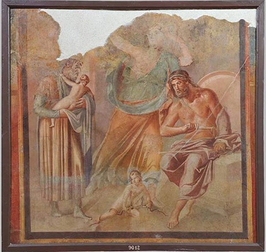 Herculaneum Augusteum. Found 3/12/1739. Hercules strangling the snakes.
Now in Naples Archaeological Museum. Inventory number 9012.
See Le Antichita di Ercolano esposte Tomo 1, Le Pitture Antiche di Ercolano 1, 1757, Tav 7,33.