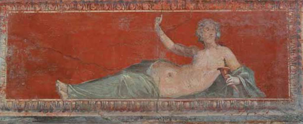 Herculaneum Augusteum. Niches in long wall of portico. Reclining female figure with rhyton.
Now in Naples Archaeological Museum. Inventory number 9290.
See Le Antichità di Ercolano esposte Tomo 4, Le Pitture Antiche di Ercolano 4, 1765, Tav 4, p. 17.
Three pictures, although found on different days, were in the same place: and formed all three the ornamentation above the door of a room.
See Pagano, M. and Prisciandaro, R., 2006. Studio sulle provenienze degli oggetti rinvenuti negli scavi borbonici del regno di Napoli. Naples: Nicola Longobardi, p. 219.