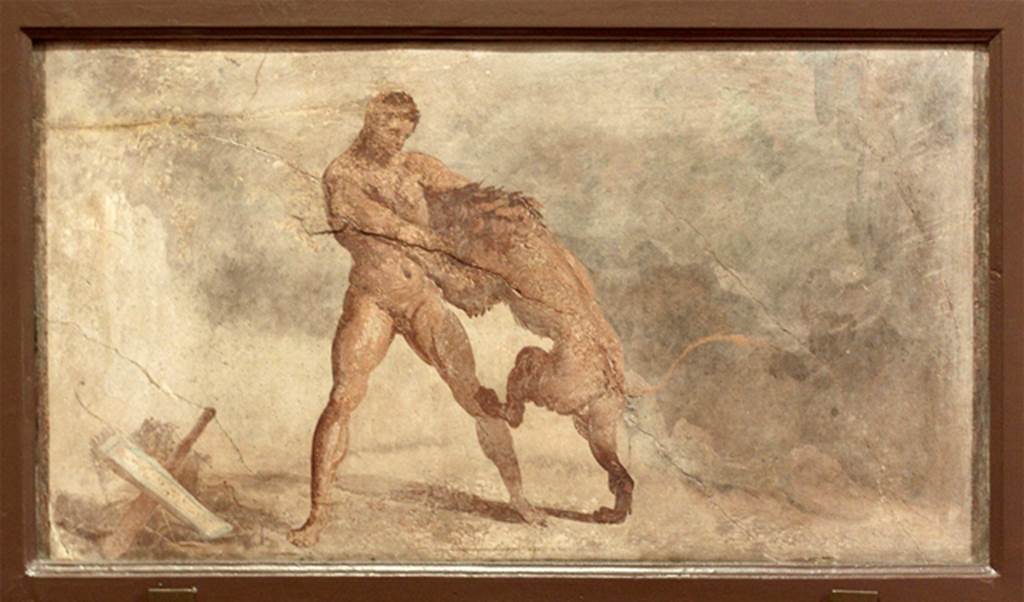 Herculaneum Augusteum. Found 27th August 1761. Somewhere in a side portico. Hercules fighting with the Nemean lion.
Now in Naples Archaeological Museum. Inventory number 9011.
See Le Antichità di Ercolano esposte Tomo 4, Le Pitture Antiche di Ercolano 4, 1765, Tav 5, 23.