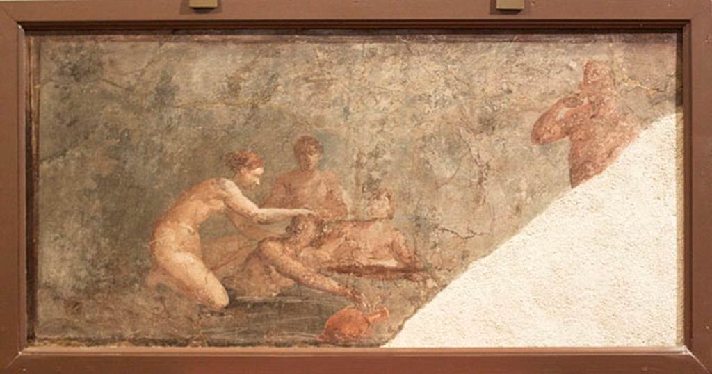 Herculaneum Augusteum. Found 18th August 1761. Abduction of Hylas by nymphs.
Now in Naples Archaeological Museum. Inventory number 8864.
See Le Antichita di Ercolano esposte Tomo 4, Le Pitture Antiche di Ercolano 4, 1765, Tav 6, 29.