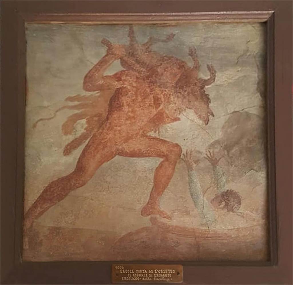 Herculaneum Augusteum. Found 24th August 1761. Hercules brings the Erymanthian boar to Eurystheus who is in a pot.
Now in Naples Archaeological Museum. Inventory number 9006.
See Le Antichità di Ercolano esposte Tomo 3, Le Pitture Antiche di Ercolano 3, 1762, Tav 47, 243.