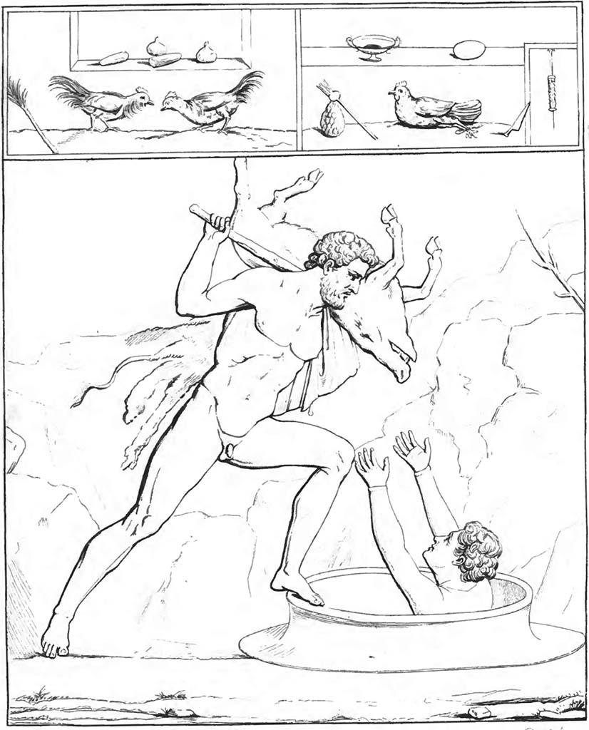 Herculaneum Augusteum. Found 24th August 1761. Hercules brings the Erymanthian boar to Eurystheus who is in a pot.
See Raccolta de più interessante Dipinture e di più belle Musaici rinvenuti negli Scavi di Ercolano, di Pompei, e di Stabia. 1843. Napoli.
According to Raccolta, 1871 edition, this was found in Pompeii.
94. Ercole Che porta il cinghiale di Erimanto ad Euristeo. Pompeii.
See Raccolta de più interessante Dipinture e di più belle Musaici rinvenuti negli Scavi di Ercolano, di Pompei, e di Stabia. 1843. Napoli, tav. 94 and index.