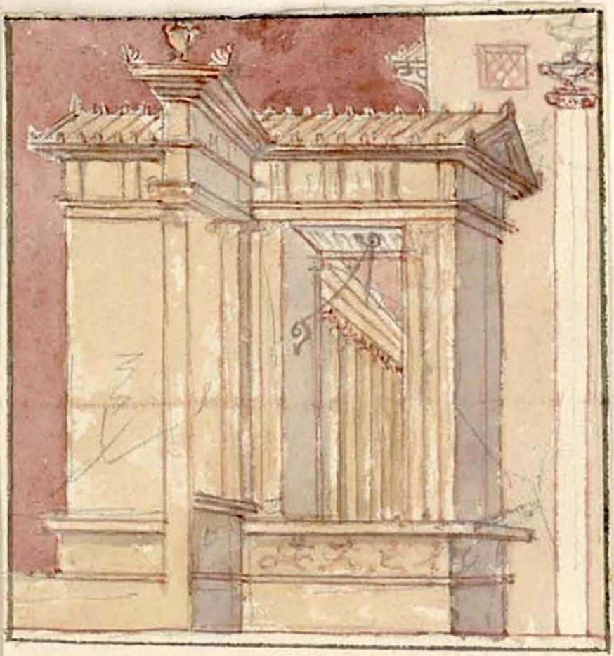 Herculaneum Augusteum. 1819-1832. Copy by Gell of architectural scene.
See Gell, W. Pompeii unpublished [Dessins de l'édition de 1832 donnant le résultat des fouilles post 1819 (?)] vol II, pl. 9.
Bibliothèque de l'Institut National d'Histoire de l'Art, collections Jacques Doucet, Identifiant numérique Num MS180 (2).
See book in INHA Use Etalab Licence Ouverte
