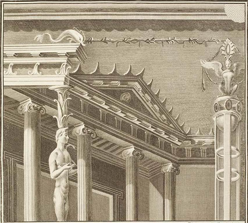 Herculaneum Augusteum. Found 1st September 1761. Drawing of architectural scene showing caryatid, winged sphinx and dolphin.
Now in Naples Archaeological Museum. Inventory number 8540.
See Le Antichità di Ercolano esposte Tomo 3, Le Pitture Antiche di Ercolano 3, 1762, Tav 59, 313.