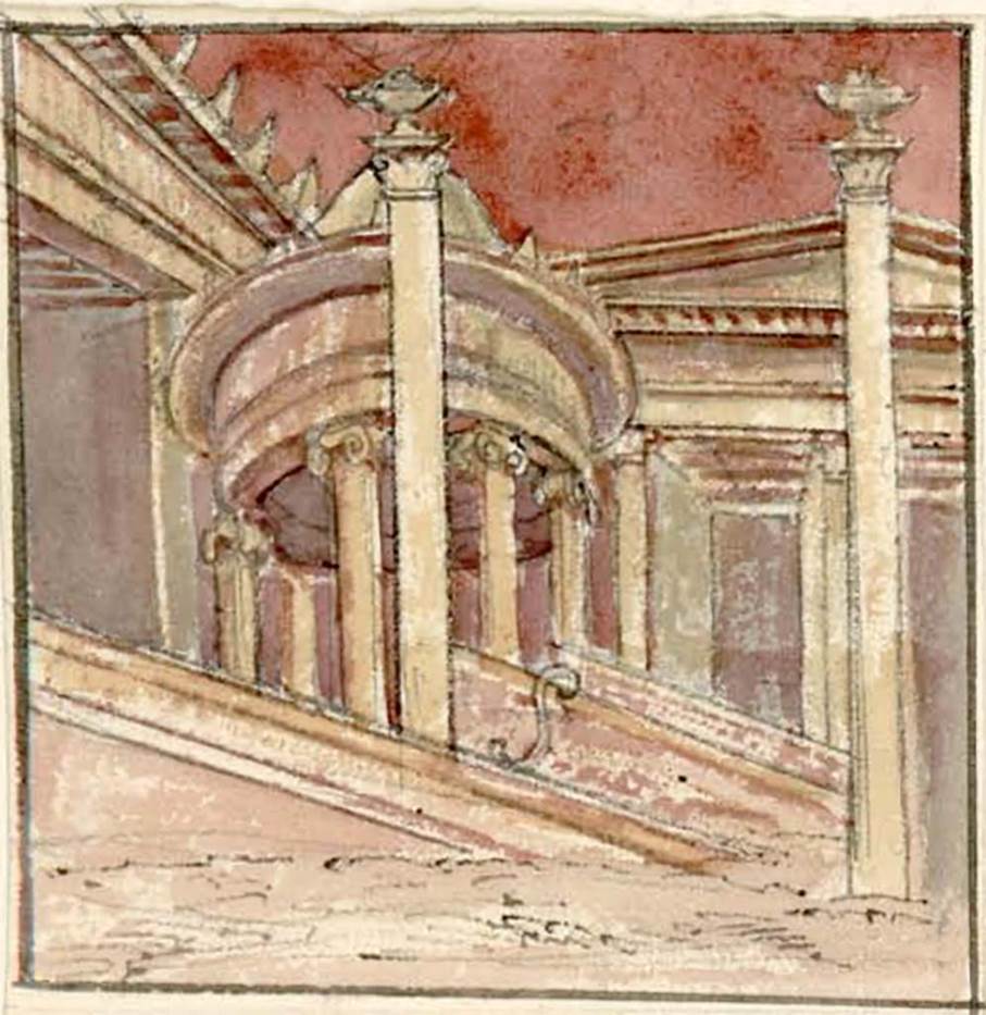 Herculaneum Augusteum. 1819-1832. Copy by Gell of architectural scene.
See Gell, W. Pompeii unpublished [Dessins de l'édition de 1832 donnant le résultat des fouilles post 1819 (?)] vol II, pl. 9.
Bibliothèque de l'Institut National d'Histoire de l'Art, collections Jacques Doucet, Identifiant numérique Num MS180 (2).
See book in INHA Use Etalab Licence Ouverte
