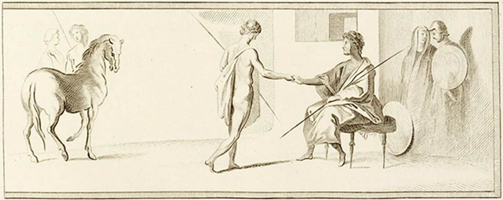 Herculaneum Augusteum. Found 21st August 1761. Bellerophon and Proetus.
See Antichità di Ercolano: Tomo Terzo: Le Pitture 3, 1762, Tav. XLVIII, p. 249-251.
Now in Naples Archaeological Museum. Inventory number E. MLXXX.