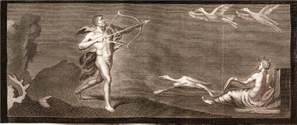 Herculaneum Augusteum. Hercules and the Stymphalian birds
Now in Naples Archaeological Museum. Inventory number 9007.
It was one of the first pictures found in Portici in the same place, where was il Telefo.
See Le Antichità di Ercolano esposte Tomo 7, Le Pitture Antiche di Ercolano 7, 1779, Tav 24, p. 107 and note 1.