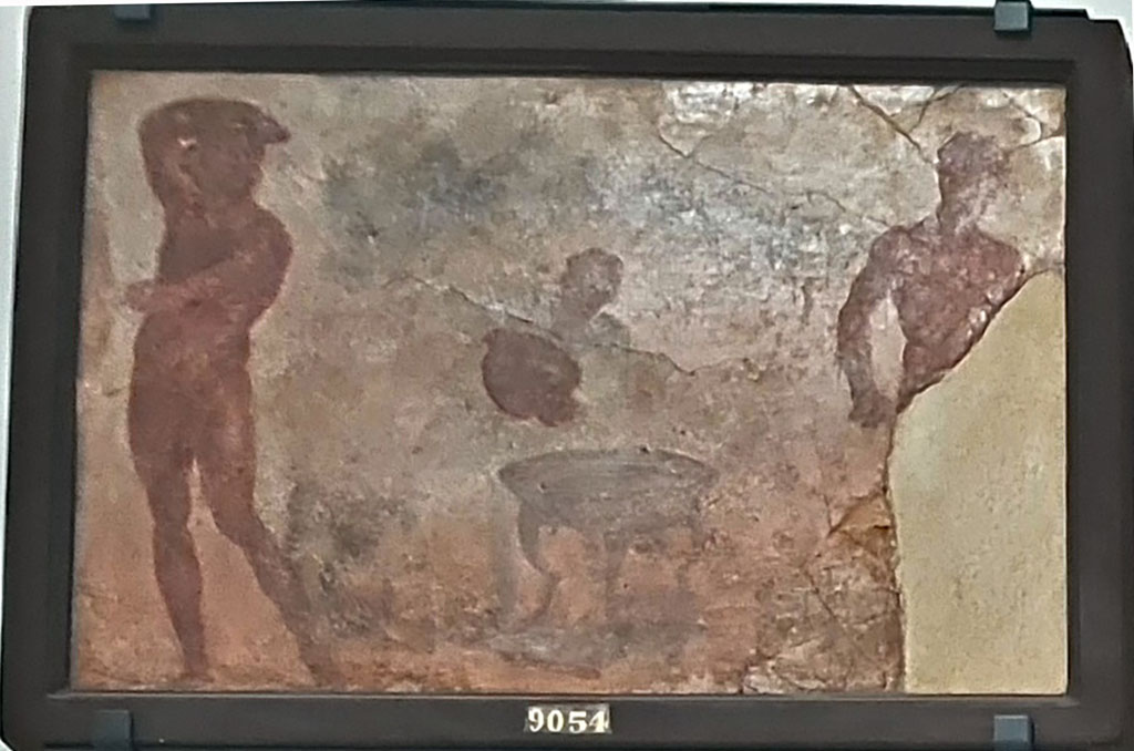 Herculaneum Augusteum. Found 27th August 1761. Two athletes and servant.
Now in Naples Archaeological Museum. Inventory number 9054.
See Le Antichità di Ercolano esposte Tomo 3, Le Pitture Antiche di Ercolano 3, 1762, Tav 47, 243.