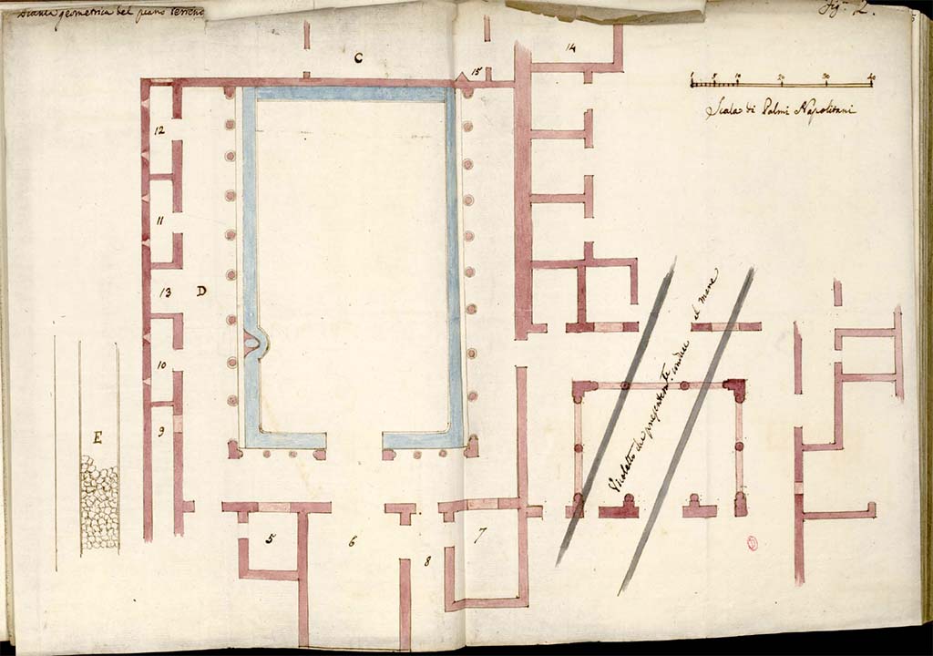 II.2 Herculaneum, c.1819 and 1832. Plan of lower level of house, with site of “small road leading to the sea” (Vico Mare) on right.
See Gell, W. Pompeii unpublished [Dessins de l'édition de 1832 donnant le résultat des fouilles post 1819 (?)] vol II, pl. 22.
Bibliothèque de l'Institut National d'Histoire de l'Art, collections Jacques Doucet, Identifiant numérique Num MS180 (2).
See book in INHA Use Etalab Licence Ouverte
