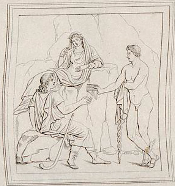 II.2 Herculaneum, pre-1842, drawing by Zahn. 
Wall of triclinium/exedra, with detail of central painting of Argos, Io and Mercury. 
See Zahn, W., 1842. Die schönsten Ornamente und merkwürdigsten Gemälde aus Pompeji, Herkulanum und Stabiae: II. Berlin: Reimer. (Taf. 83 detail).
