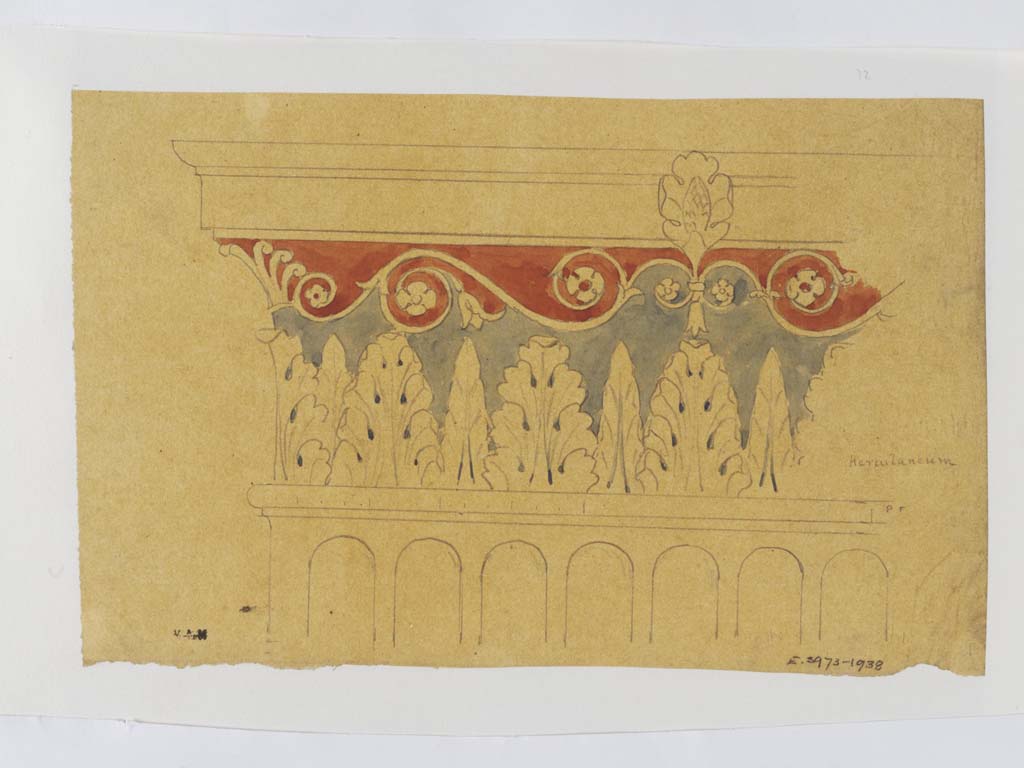 Herculaneum, II.2. c.1840. Painted capital from column in the great peristyle/garden area.
Painting by James William Wild (1814-1892). 
Photo © Victoria and Albert Museum, inventory number E.3973-1938. 
