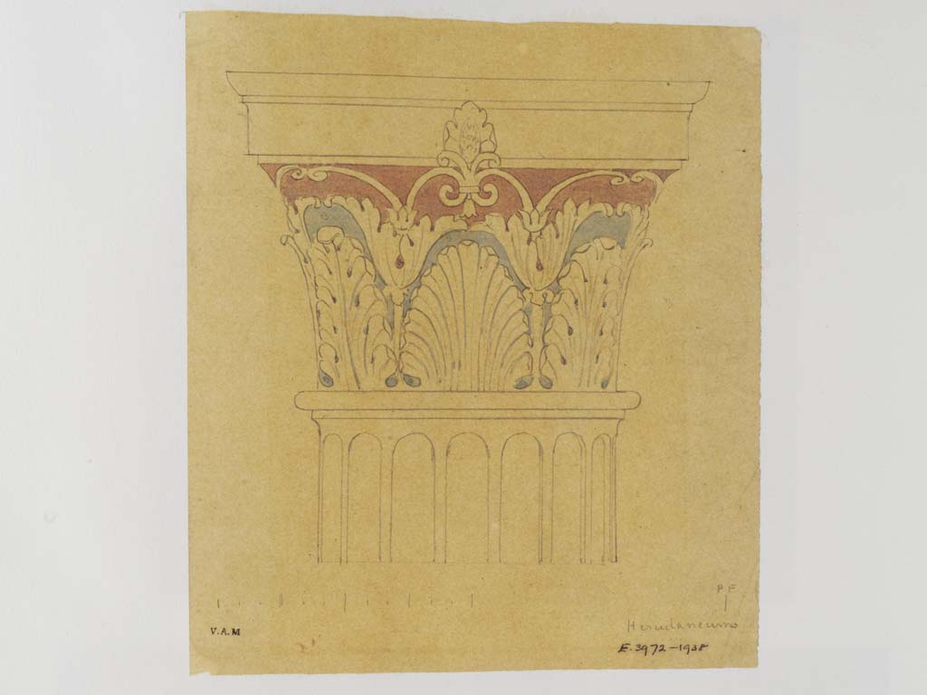 Herculaneum, II.2. c.1840. Painted capital from column in the great peristyle/garden area.
Painting by James William Wild (1814-1892). 
Photo © Victoria and Albert Museum, inventory number E.3972-1938.
