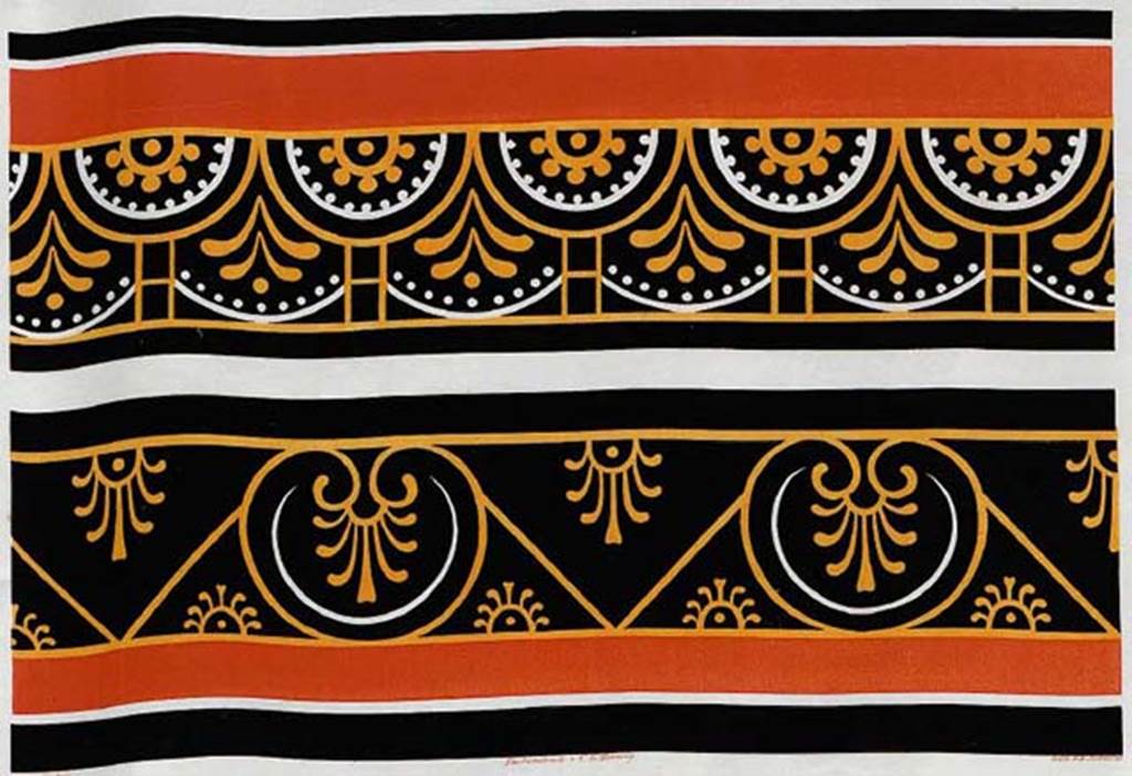 II.2 Herculaneum, 1842, drawing by Zahn. The two painted decorations, in original colours, are from the wall of the atrium, as seen above
See Zahn, W., 1842. Die schönsten Ornamente und merkwürdigsten Gemälde aus Pompeji, Herkulanum und Stabiae: II. Berlin: Reimer. (9)
