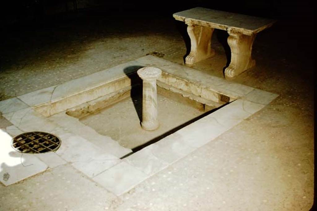 III.11 Herculaneum, 1957. Impluvium in atrium. Photo by Stanley A. Jashemski.
Source: The Wilhelmina and Stanley A. Jashemski archive in the University of Maryland Library, Special Collections (See collection page) and made available under the Creative Commons Attribution-Non Commercial License v.4. See Licence and use details. J57f0440

 
