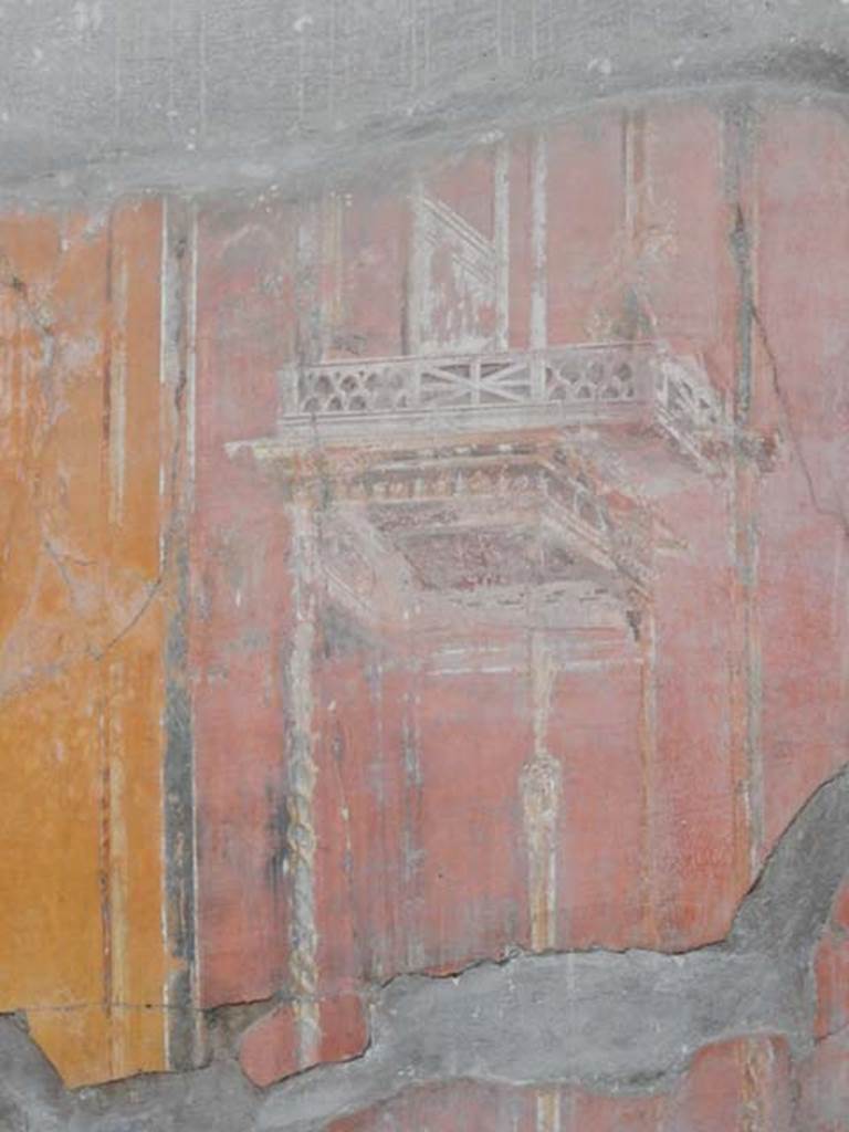 IV.21, Herculaneum. May 2018. Oecus 7, detail of painted decoration from north wall.
Photo courtesy of Buzz Ferebee. 
