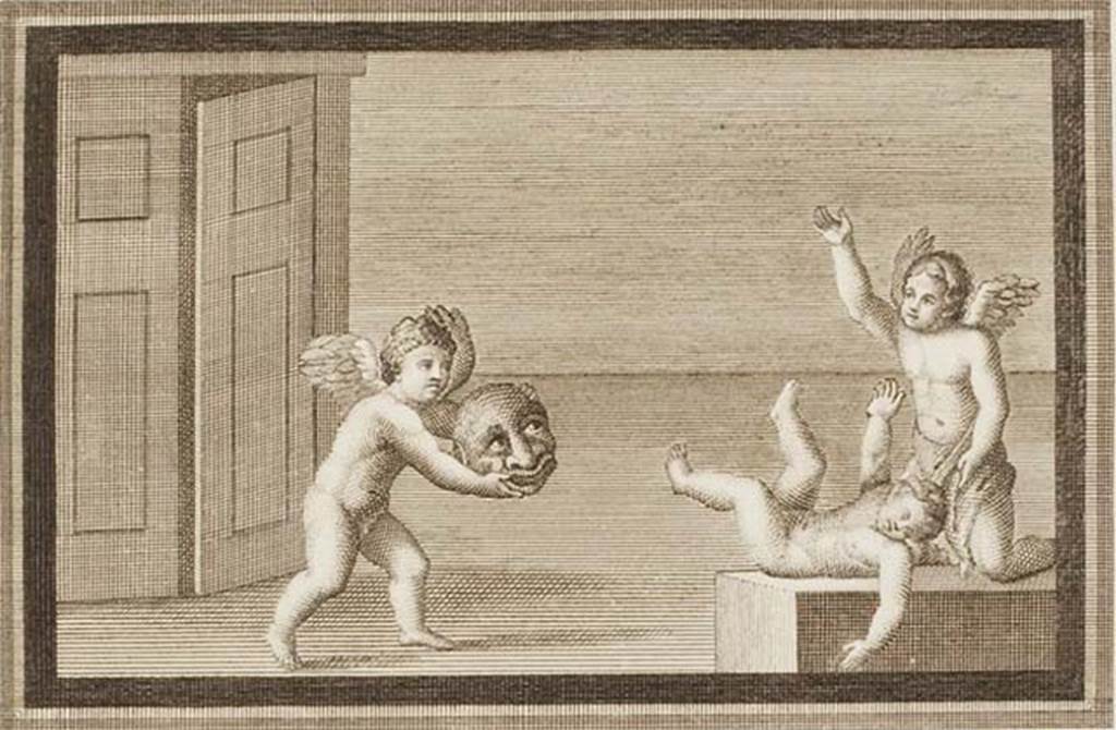 IV.21, Herculaneum. Three cupids one with a mask. Found 24th August 1748 in the Scavi at Resina.
See Antichità di Ercolano: Tomo Primo: Le Pitture 1, 1757, tav. XXXIV, p. 177
Now in Naples Archaeological Museum. Part of inventory number 9177.
