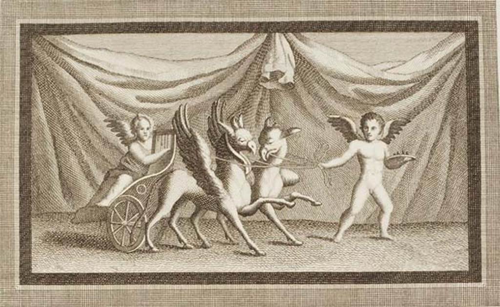 IV.21, Herculaneum. Painting of cupid on chariot pulled by griffins that are led by a cupid.
See Antichità di Ercolano: Tomo Primo: Le Pitture 1, 1757, Tav. XXXVIII, p. 199, found 7th September 1748, in the Scavi at Resina.
Now in Naples Archaeological Museum. Inventory number 9178.