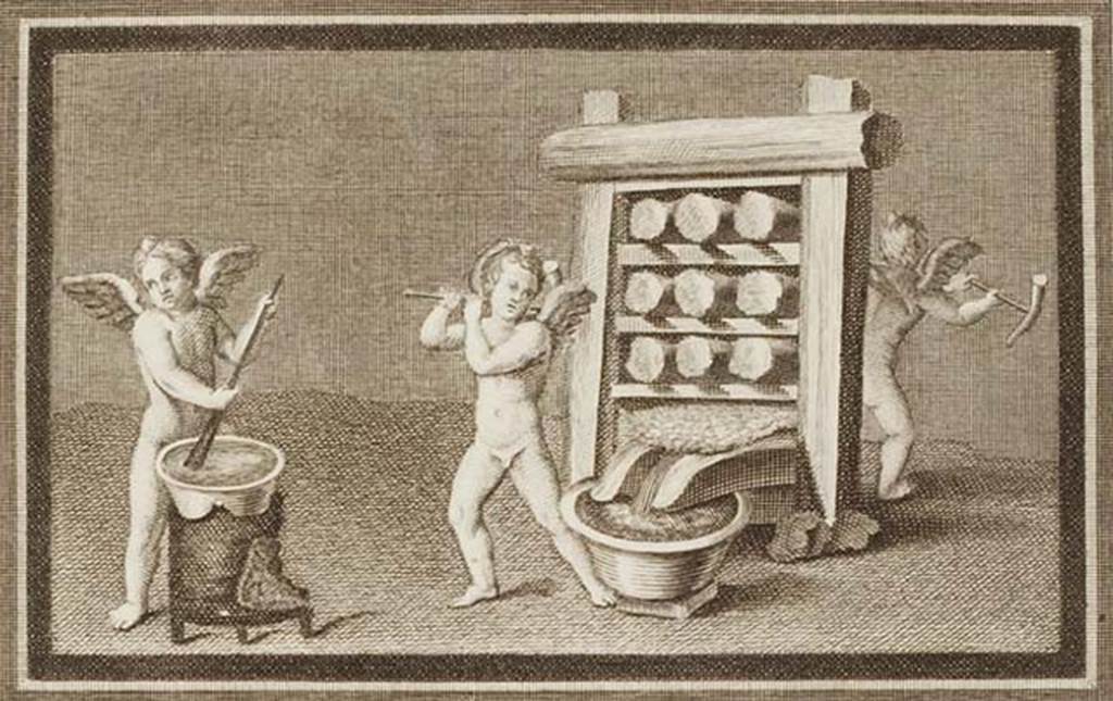 IV.21 Herculaneum. Small paintings of cupids with press.
See Antichità di Ercolano: Tomo Primo: Le Pitture 1, 1757, Tav. XXXV, p.183, found in the Scavi at Resina, 13th August 1748.
Now in Naples Archaeological Museum. Inventory number 9179.