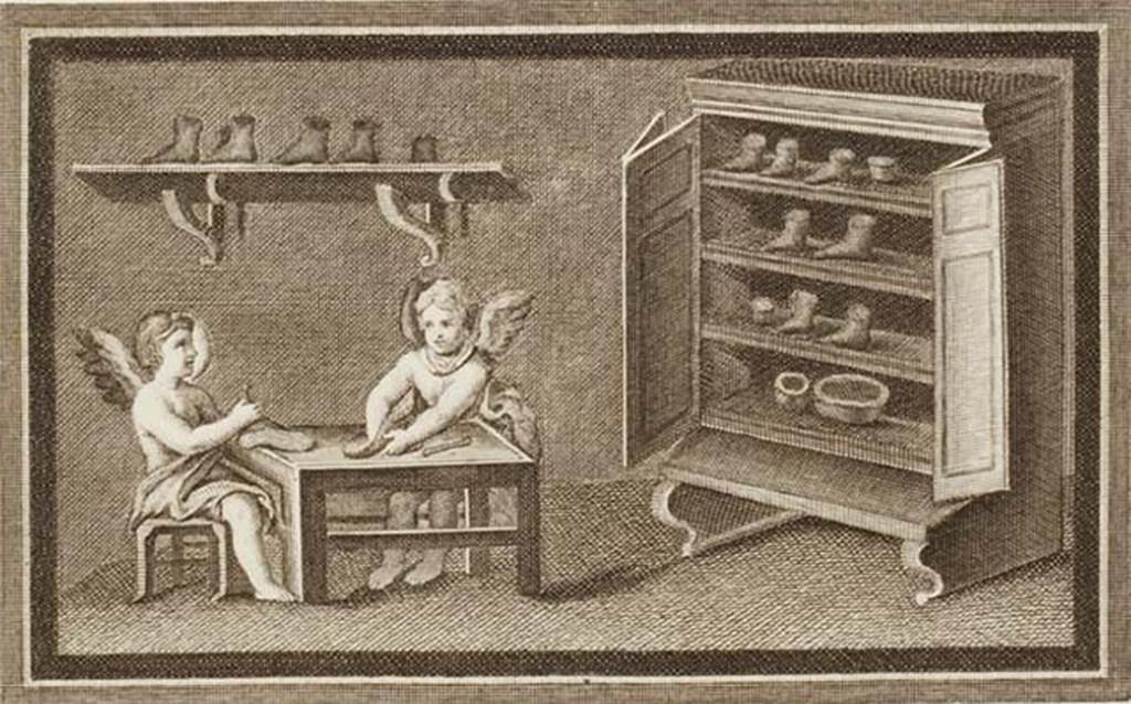 IV.21, Herculaneum.  Small painting of Cupids making shoes.
See Antichità di Ercolano: Tomo Primo: Le Pitture 1, 1757, Tav XXXV, p.183, found 17th August 1748 in the Scavi at Resina.
Now in Naples Archaeological Museum. Inventory number 9179.
