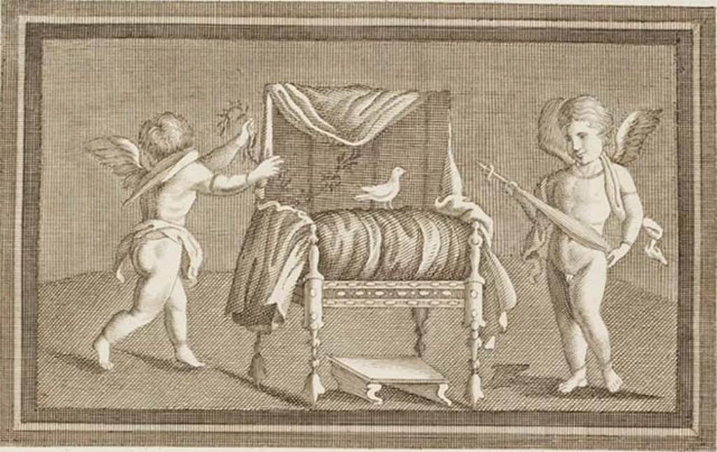 IV.21, Herculaneum. Painting of Cupids with attributes of Venus/Aphrodite.
See Antichità di Ercolano: Tomo Primo: Le Pitture 1, 1757, Tav. XXIX, p.151, found 31st August 1748 in the same place, in the Scavi at Resina.
Now in Naples Archaeological Museum, inventory number 9210.