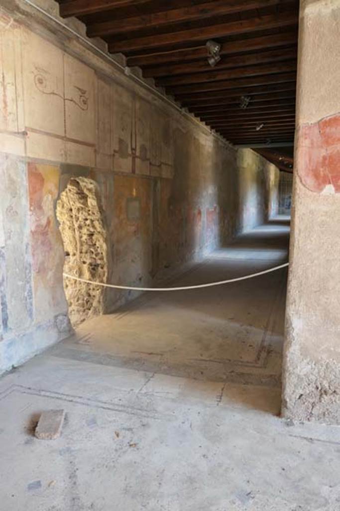 IV.21, Herculaneum, June 2017. 
Cryptoporticus 31, looking north along west portico from Cryptoporticus30. 
The hole in the wall, on the right, would have been made by the original bourbon tunnellers.
Photo courtesy of Michael Binns.

