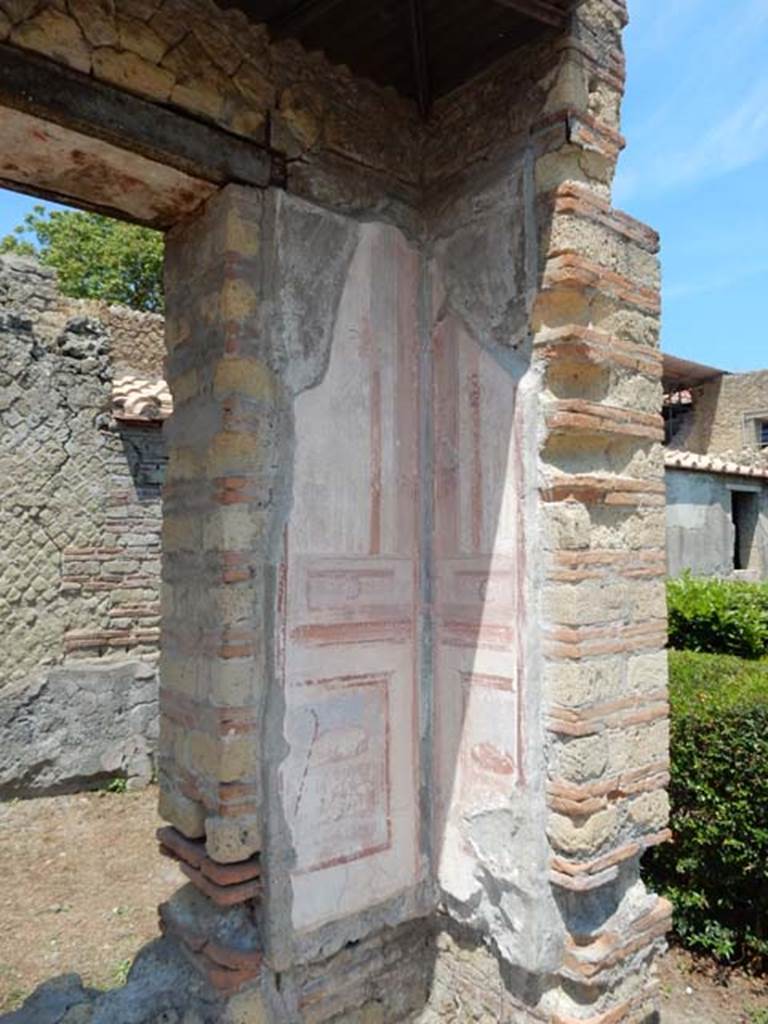 IV.21, Herculaneum. May 2018. Room 15, detail of remains of painted decoration from north-west corner
Photo courtesy of Buzz Ferebee. 
