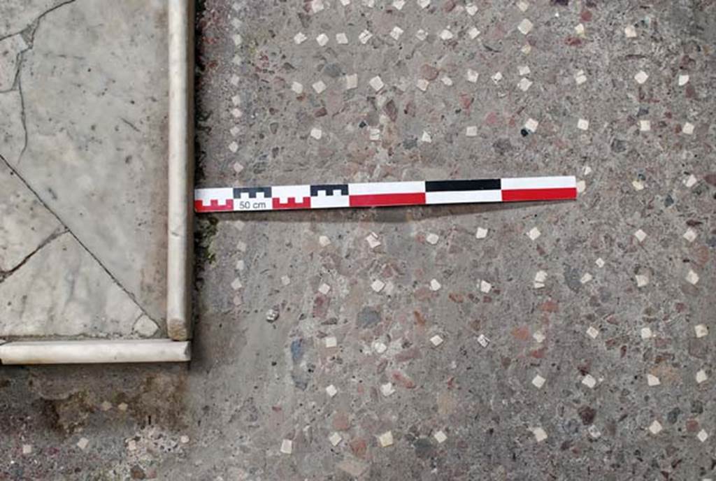 V.1, Herculaneum, November 2008. Detail of south-west corner of impluvium and atrium flooring. Photo courtesy of Nicolas Monteix.

